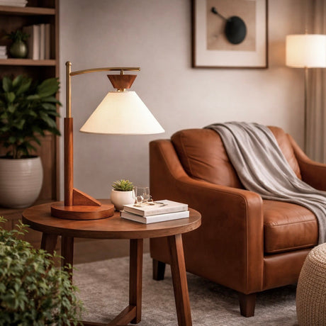 Dreamlight Table Lamp, Brown Solid Wood Base with Elegant Cone Linen Shade from Ashcroft Furniture - Luna Furniture