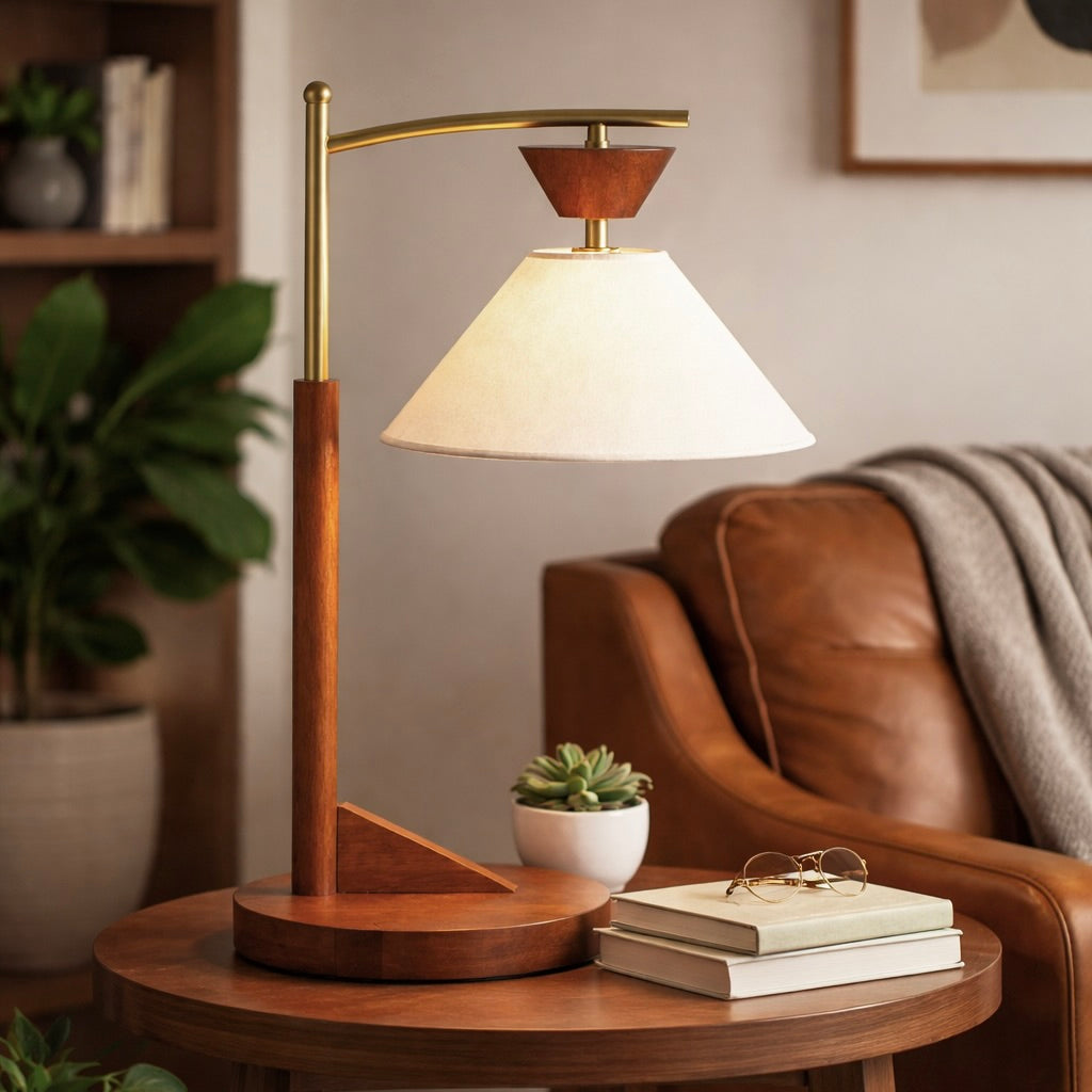 Dreamlight Table Lamp, Brown Solid Wood Base with Elegant Cone Linen Shade from Ashcroft Furniture - Luna Furniture