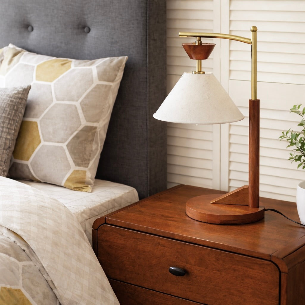 Dreamlight Table Lamp, Brown Solid Wood Base with Elegant Cone Linen Shade from Ashcroft Furniture - Luna Furniture