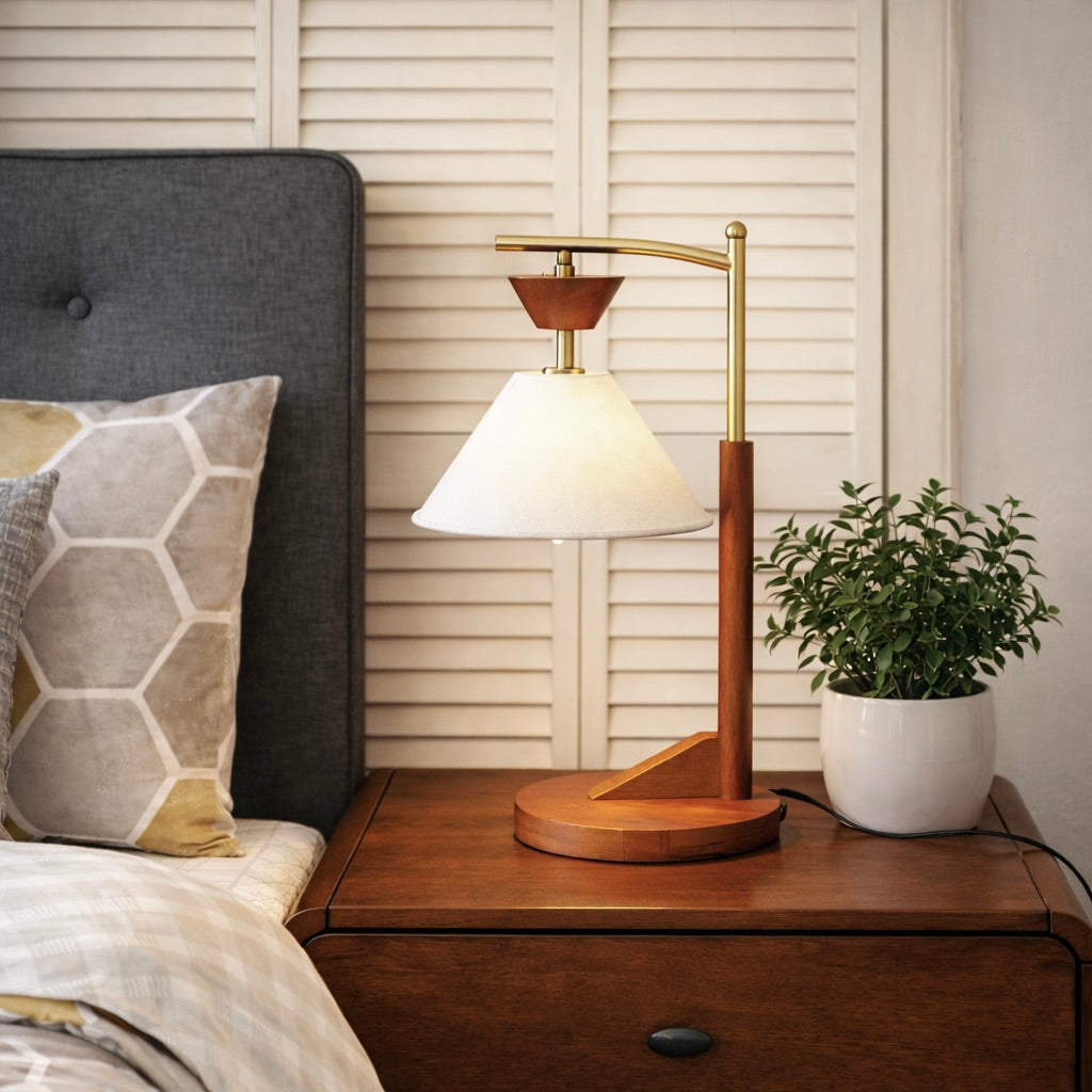 Dreamlight Table Lamp, Brown Solid Wood Base with Elegant Cone Linen Shade from Ashcroft Furniture - Luna Furniture