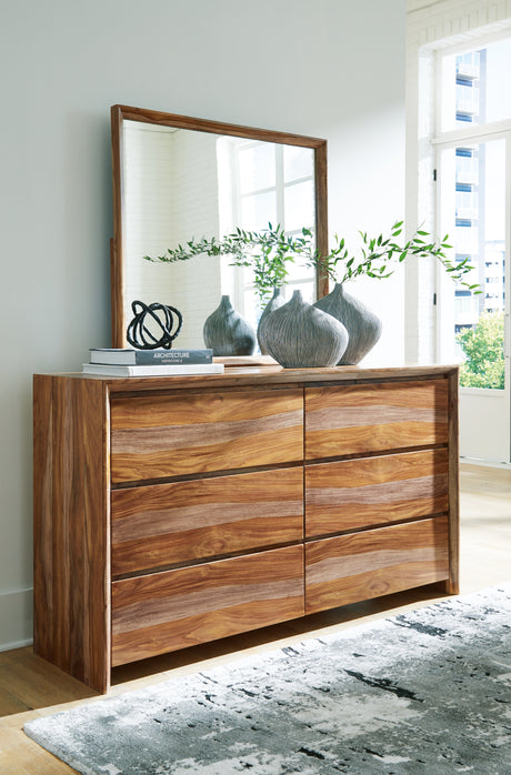 Dressonni California King Panel Bed with Mirrored Dresser in Brown from Ashley - Luna Furniture