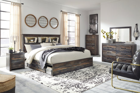 Drystan King Bookcase Bed with 2 Storage Drawers with Mirrored Dresser and Chest in Multi from Ashley - Luna Furniture