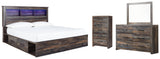 Drystan King Bookcase Bed with 2 Storage Drawers with Mirrored Dresser and Chest in Multi from Ashley - Luna Furniture