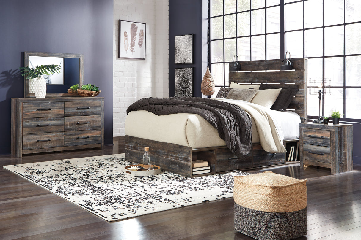 Drystan King Panel Bed with 4 Storage Drawers with Mirrored Dresser, Chest and 2 Nightstands in Multi from Ashley - Luna Furniture