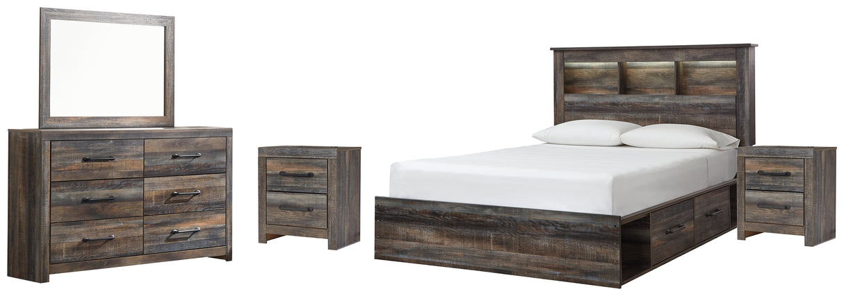 Drystan Queen Bookcase Bed with 2 Storage Drawers with Mirrored Dresser and 2 Nightstands in Multi from Ashley Furniture - Luna Furniture