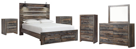 Drystan Queen Panel Bed with 2 Storage Drawers with Mirrored Dresser, Chest and 2 Nightstands in Multi from Ashley - Luna Furniture