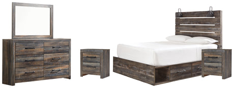 Drystan Queen Panel Bed with 2 Storage Drawers with Mirrored Dresser and 2 Nightstands in Multi from Ashley - Luna Furniture