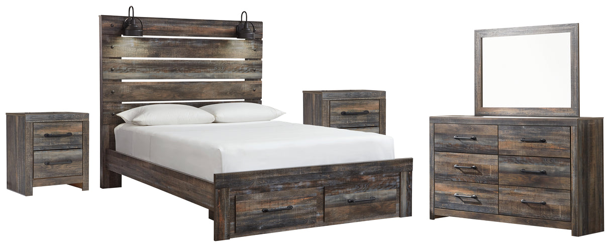 Drystan Queen Panel Bed with 2 Storage Drawers with Mirrored Dresser and 2 Nightstands in Multi from Ashley - Luna Furniture