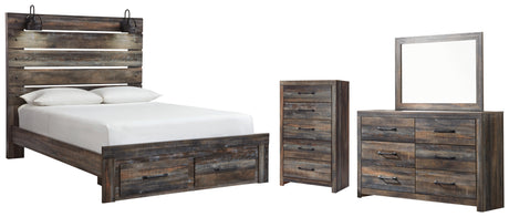 Drystan Queen Panel Bed with 2 Storage Drawers with Mirrored Dresser and Chest in Multi from Ashley - Luna Furniture