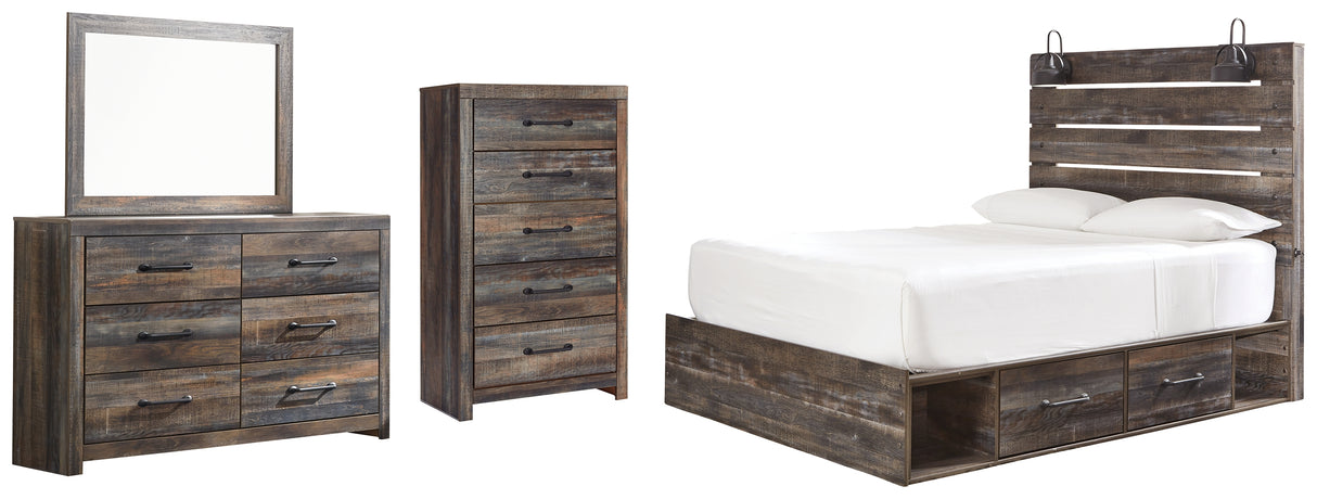 Drystan Queen Panel Bed with 2 Storage Drawers with Mirrored Dresser and Chest in Multi from Ashley Furniture - Luna Furniture