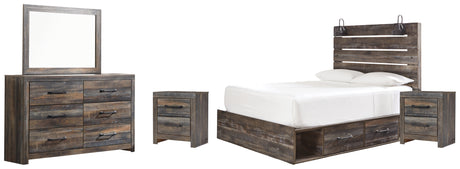 Drystan Queen Panel Bed with 4 Storage Drawers with Mirrored Dresser and 2 Nightstands in Multi from Ashley - Luna Furniture