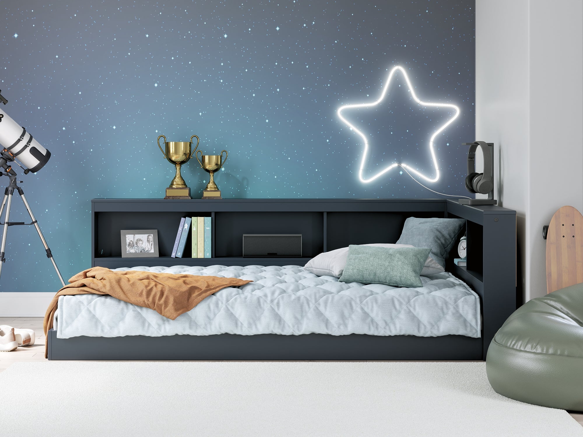 Simmenfort Navy Blue Full Bookcase Corner Storage Bed – Luna Furniture