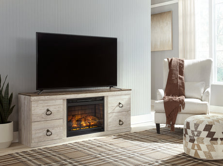 Willowton Whitewash TV Stand with Electric Fireplace from Ashley - Luna Furniture