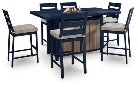 East Beach Outdoor Fire Pit Table and 6 Barstools in Navy Blue/Driftwood from Ashley - Luna Furniture