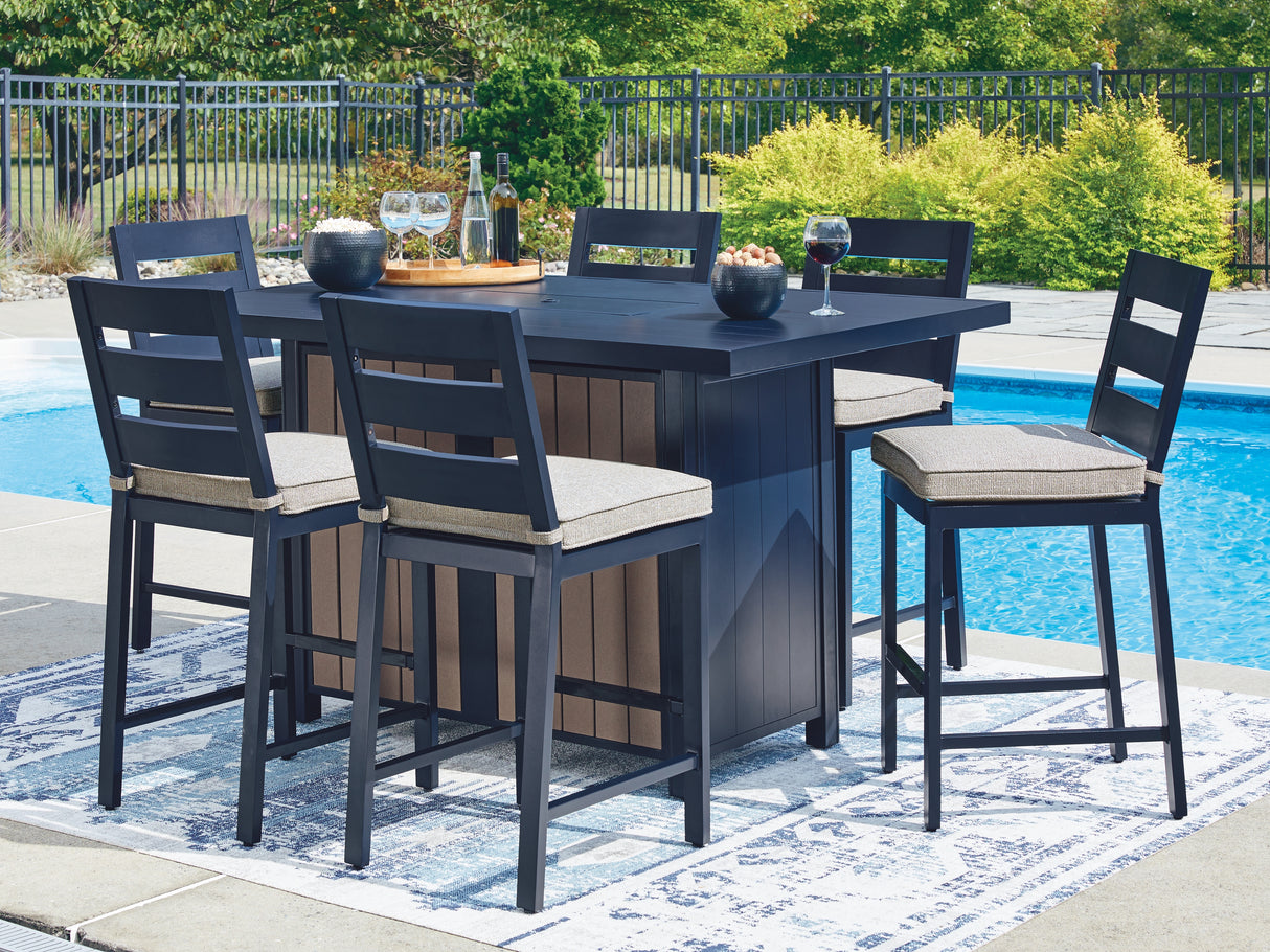 East Beach Outdoor Fire Pit Table and 6 Barstools in Navy Blue/Driftwood from Ashley - Luna Furniture