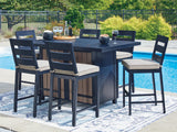 East Beach Outdoor Fire Pit Table and 6 Barstools in Navy Blue/Driftwood from Ashley - Luna Furniture