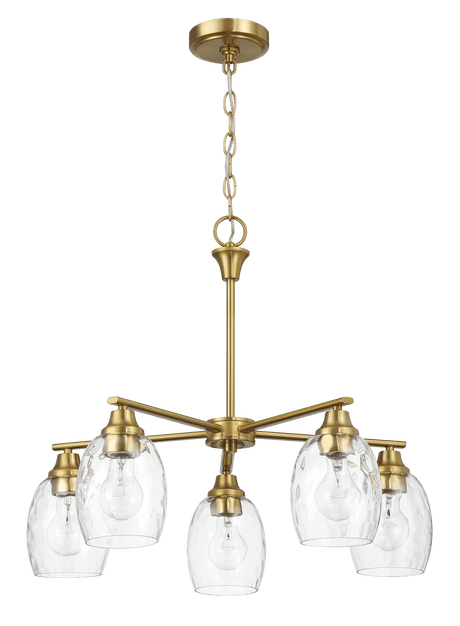 Elegance Five Lights Linear Arms with Golden Brass Finish Chain Chandelier 24"W × 8.5"H with Clear Water Glass from Midinmod - Luna Furniture
