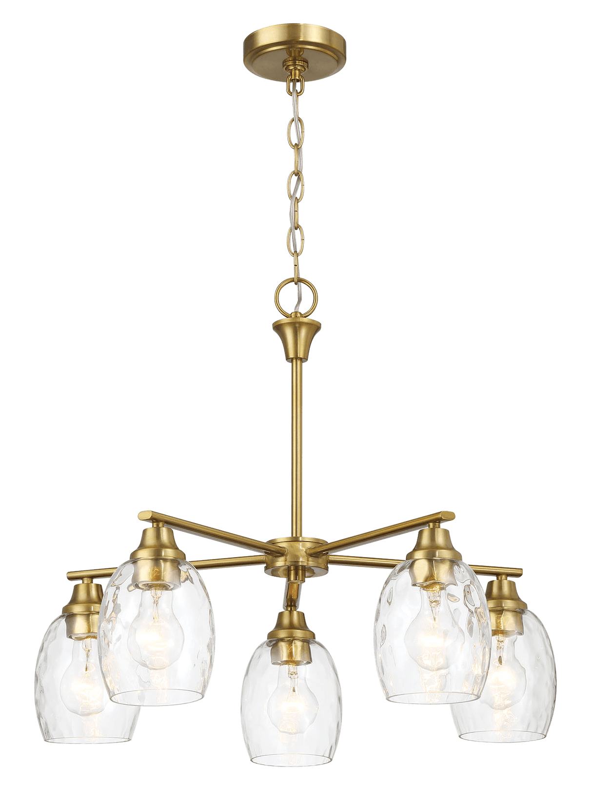 Elegance Five Lights Linear Arms with Golden Brass Finish Chain Chandelier 24"W × 8.5"H with Clear Water Glass from Midinmod - Luna Furniture