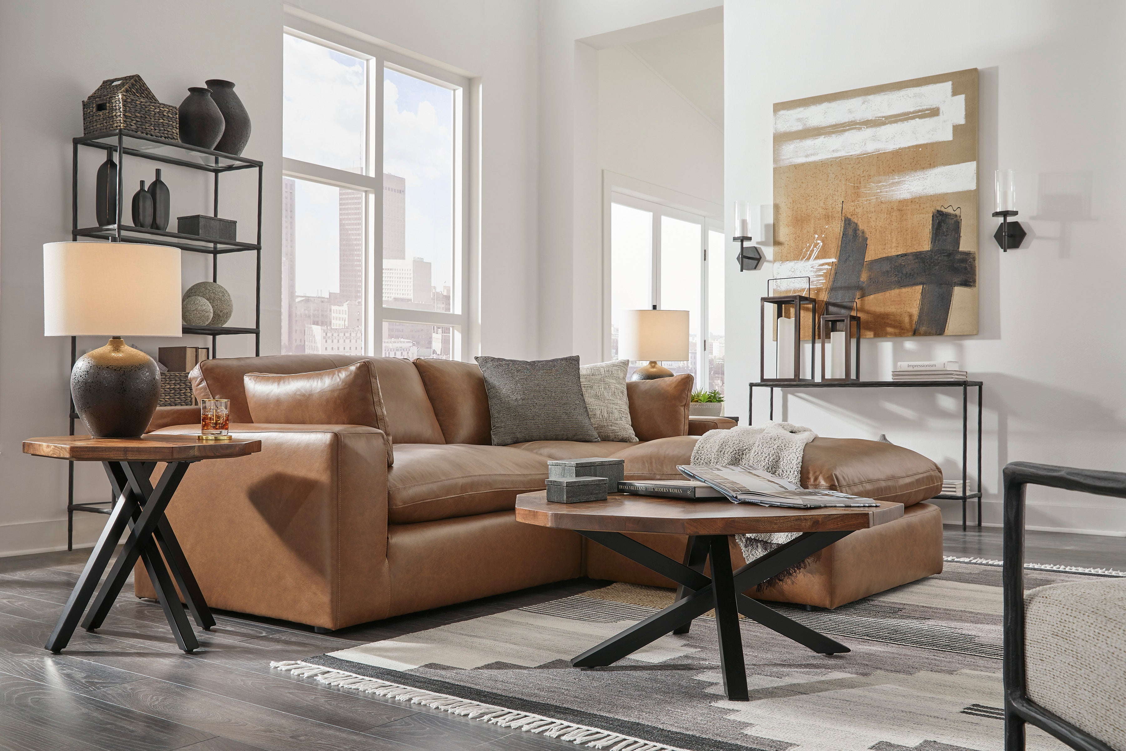 Ashley Emilia Caramel Leather 3-Piece Modular Sectional with