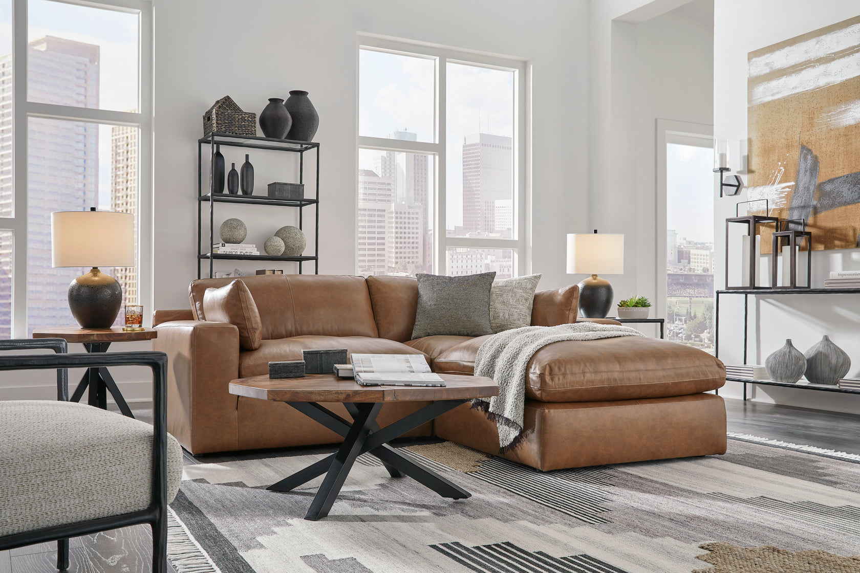 Emilia Caramel Leather 3-Piece Modular Sectional with Ottoman from Ashley - Luna Furniture