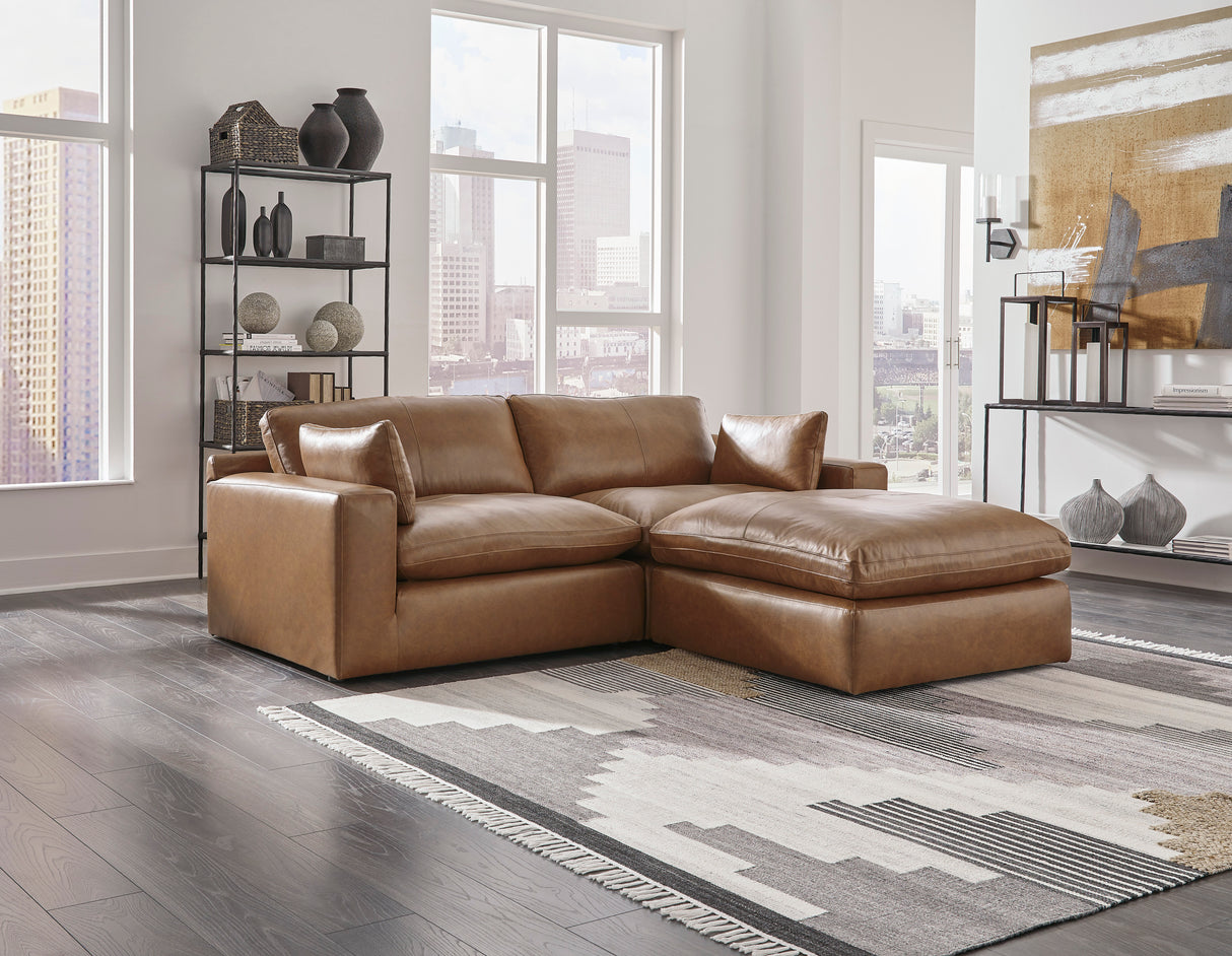 Emilia Caramel Leather 3-Piece Modular Sectional with Ottoman from Ashley - Luna Furniture