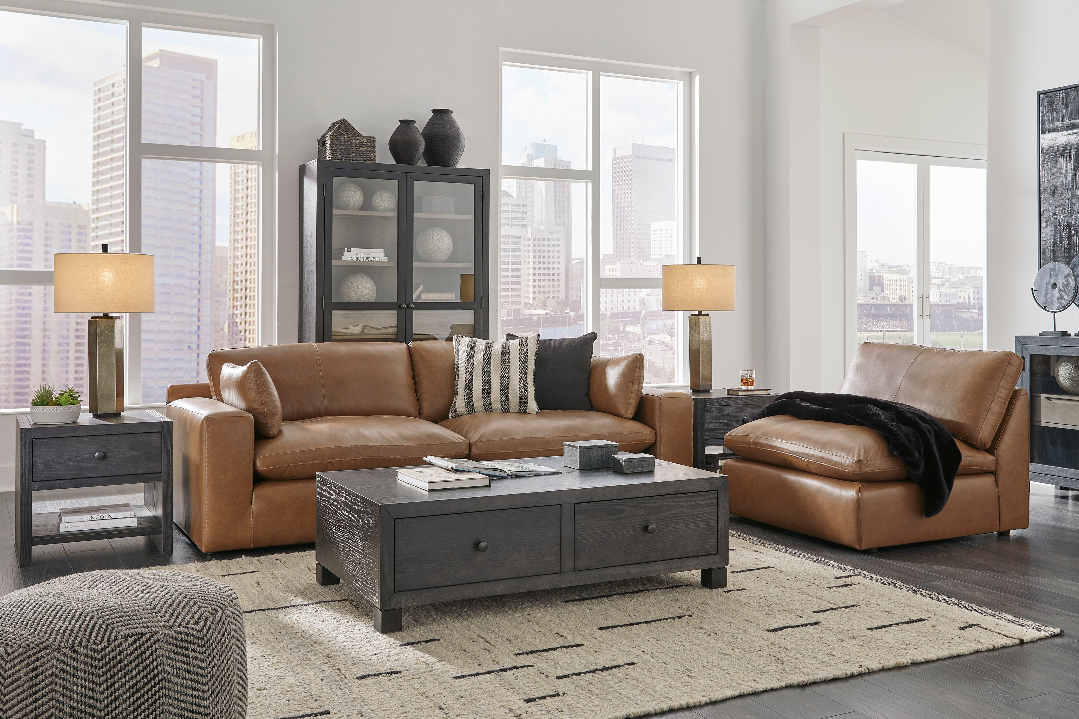 Ashley Emilia Caramel Leather 3-Piece Sofa – Luna Furniture