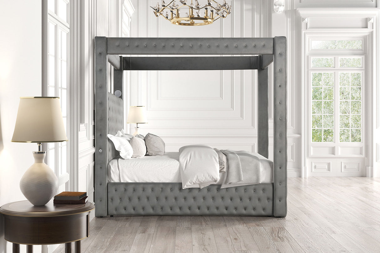 Etherea Gray King Upholstered Platform Poster Bed from Furniture of America - Luna Furniture