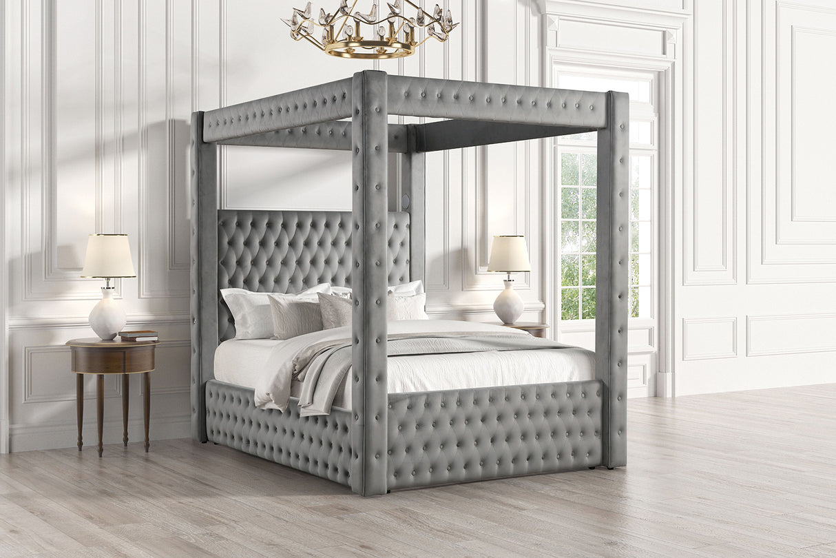 Etherea Gray King Upholstered Platform Poster Bed from Furniture of America - Luna Furniture