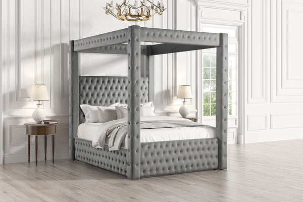 Etherea Gray Queen Upholstered Platform Poster Bed
