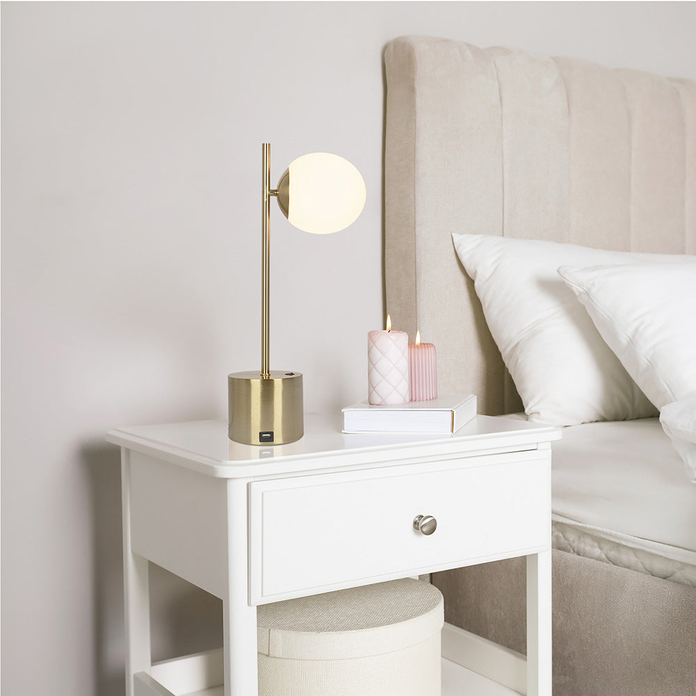 Ethereal Modern Small Brass Metal Table Lamp, Desk Lamp Fixture with White Glass Globe Shade from Midinmod - Luna Furniture