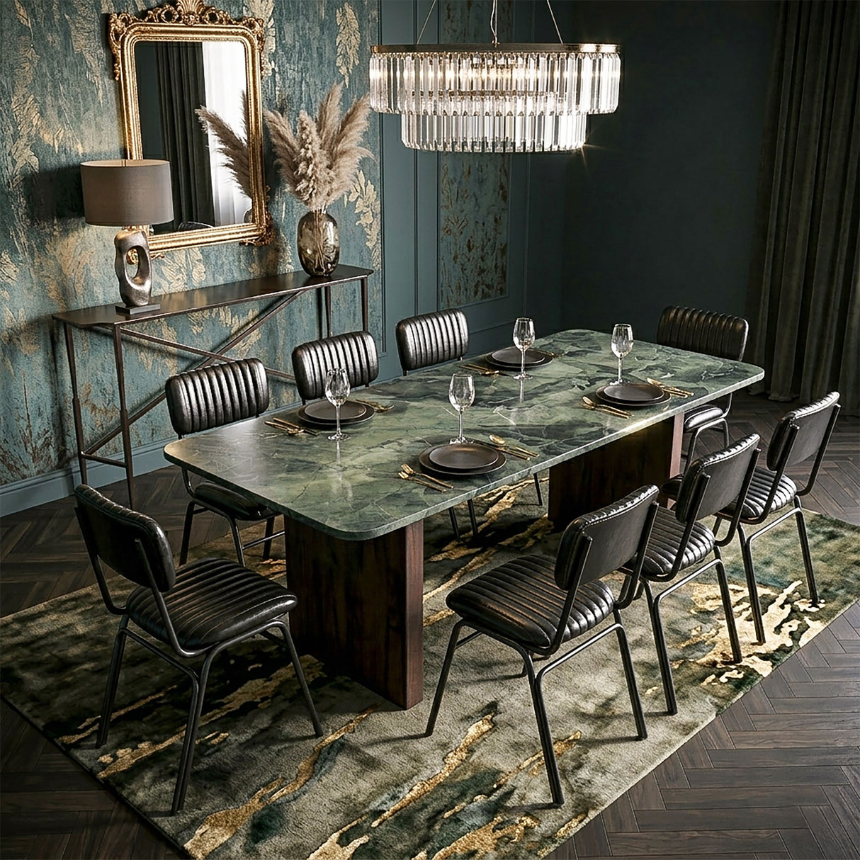 Abstract Green Marble and Dark Mango Base 76" Dining Table from Home Trends & Design - Luna Furniture