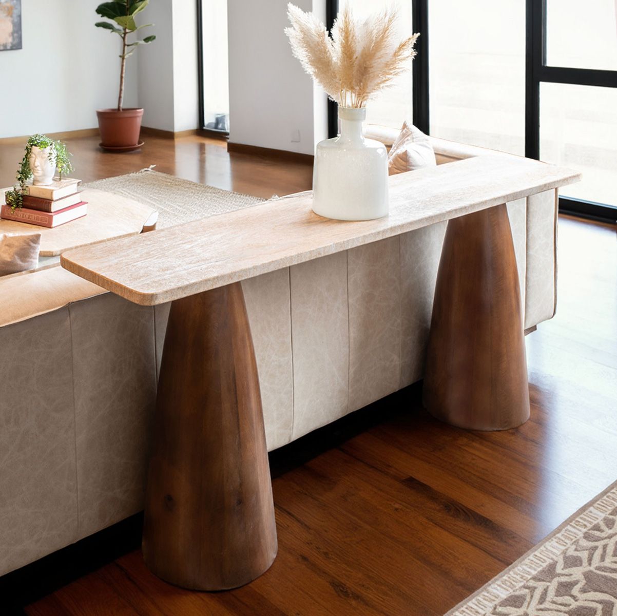 Breton 72" Console Table with Travertine Top in Walnut from Home Trends & Design - Luna Furniture