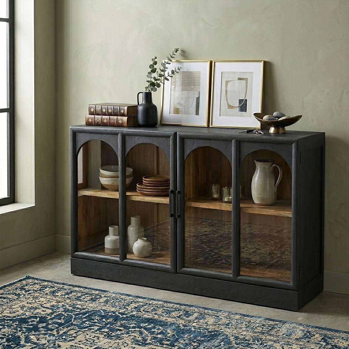 Kingston 48" Two Door Glass Cabinet in Black with Natural Interior