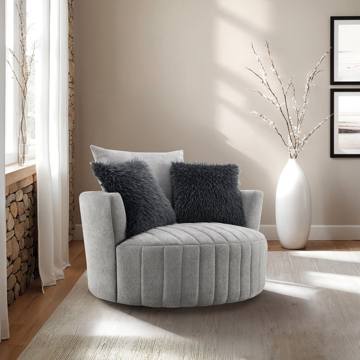 Hoople Light Gray Channel Tufted Swivel Chair from Furniture of America - Luna Furniture