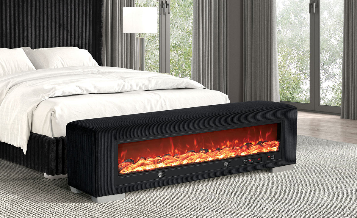 Elnath Black fireplace bench, black ribbed upholstery and glowing flame display, front view