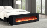 Elnath Black fireplace bench, black ribbed upholstery and glowing flame display, front view