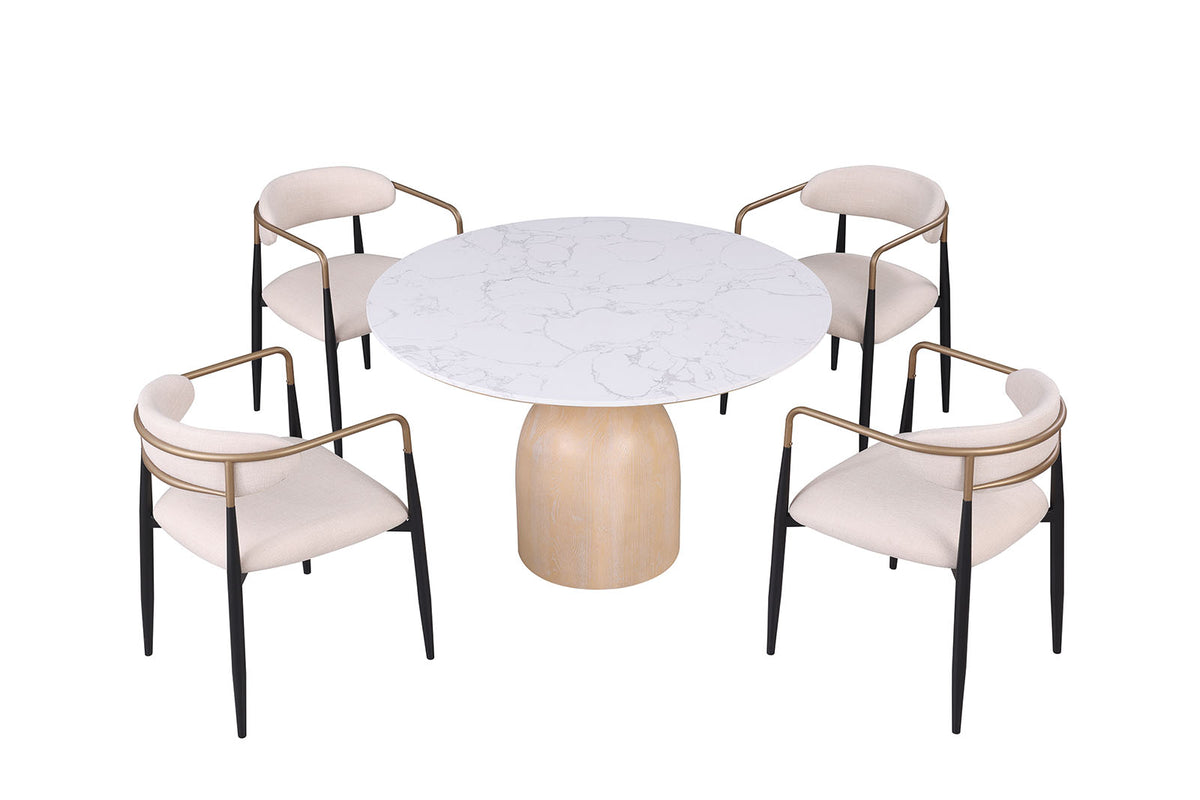 Neasden round dining table with four upholstered chairs, elevated set view