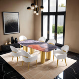 Contemporary 7-piece dining set, stone-look table and white upholstered chairs, lifestyle view