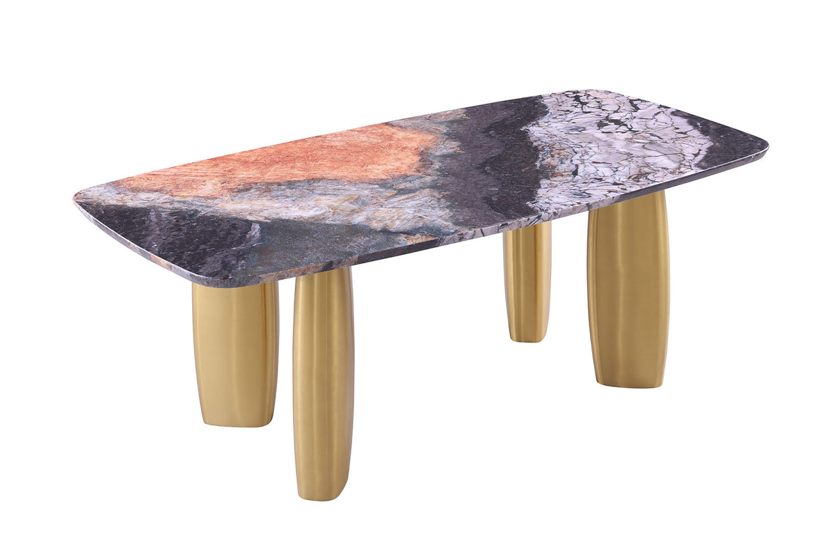 Contemporary dining table, multicolor stone-look top with matte gold cylindrical legs