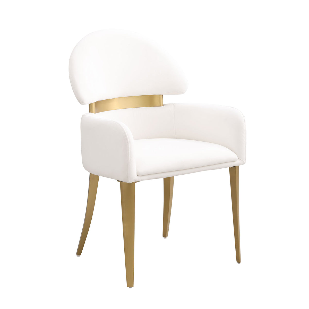 White upholstered dining chair, curved back and gold legs, front three-quarter view