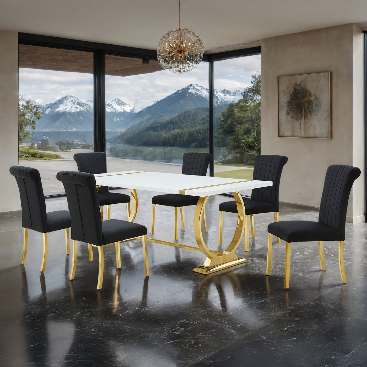 Holbaek Gold/Black 7-Piece 80" Dining Room Set from Furniture of America - Luna Furniture