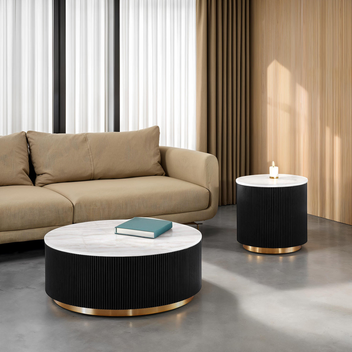 Virden Black/White/Gold Round End Table from Furniture of America - Luna Furniture