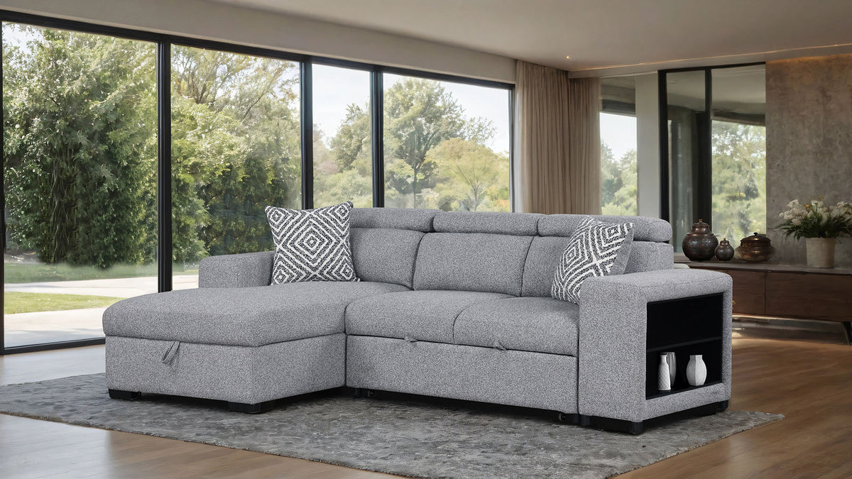 Chatteris Gray sectional, chaise and bookcase arm, three-quarter living room view