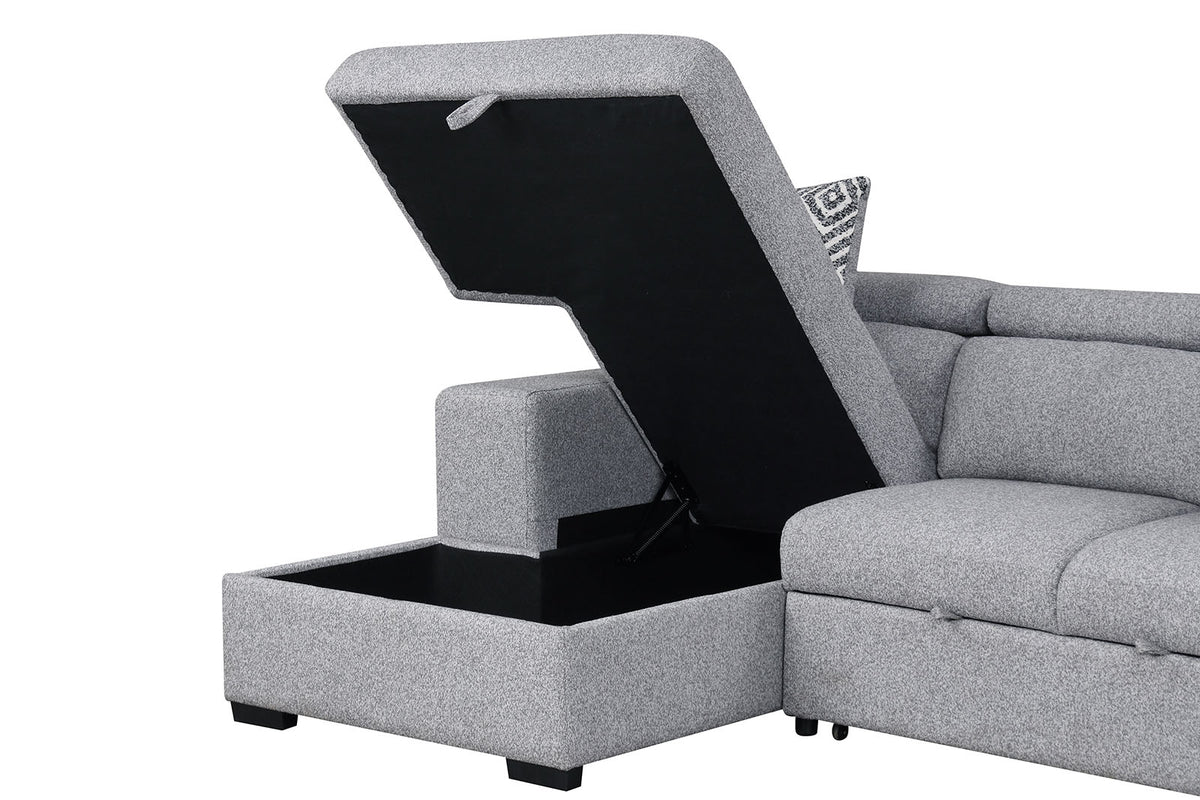 Chatteris Gray sectional chaise storage, lift-top compartment open, gray fabric detail