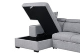 Chatteris Gray sectional chaise storage, lift-top compartment open, gray fabric detail