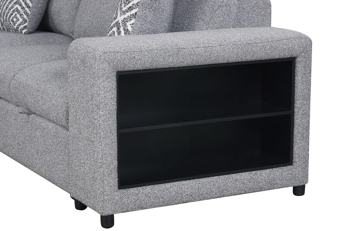 Chatteris Gray sectional bookcase arm, black shelf interior, close-up detail