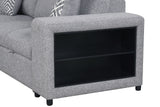 Chatteris Gray sectional bookcase arm, black shelf interior, close-up detail