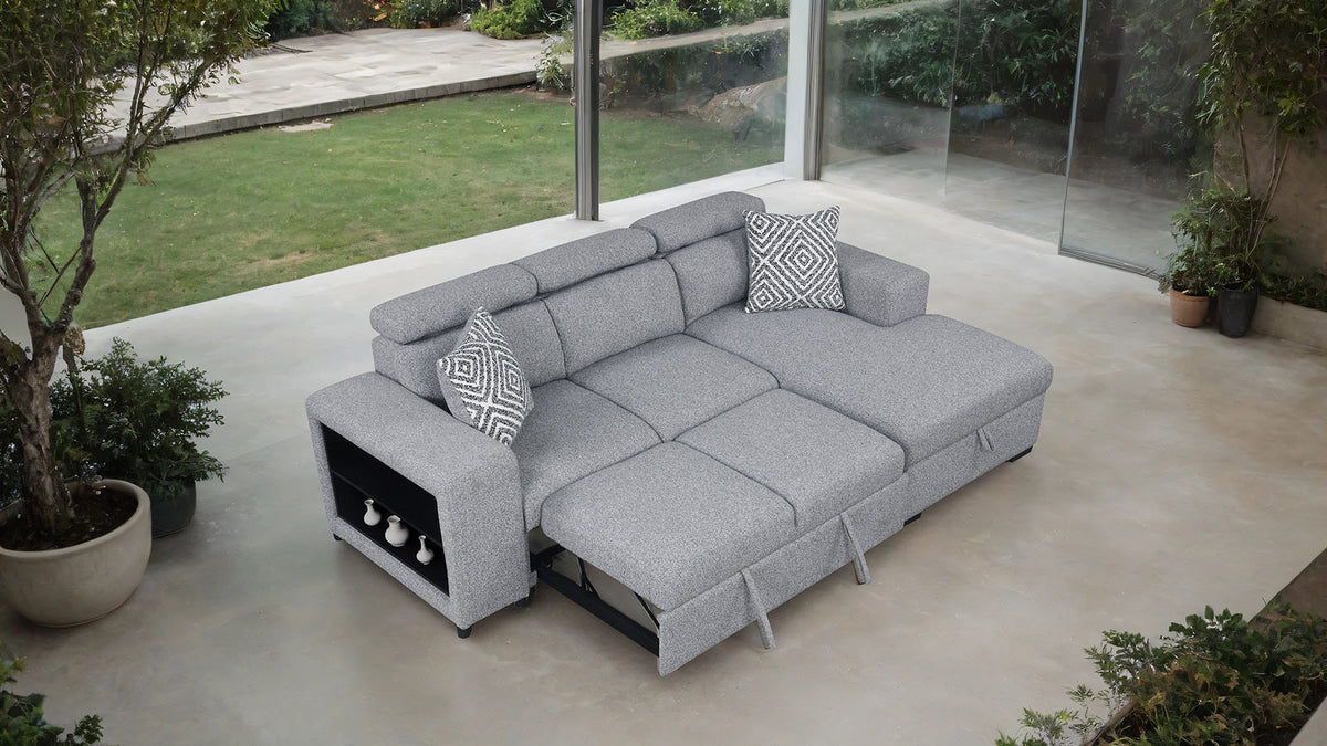 Chatteris Gray sectional sofa, angled overhead view with chaise and storage arm