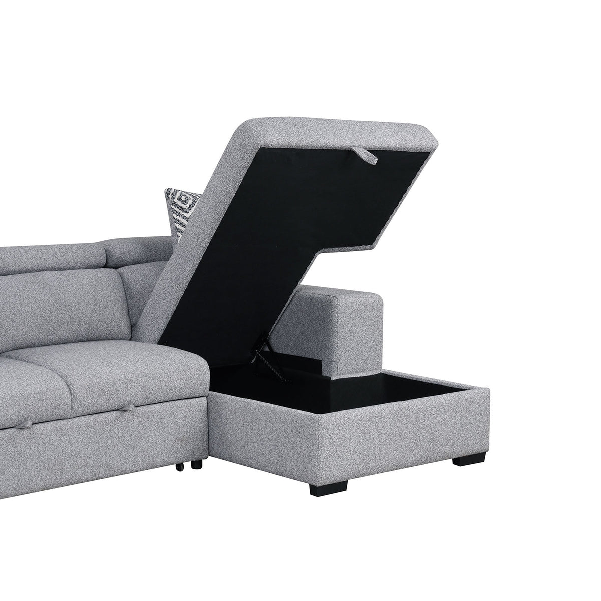 Chatteris Gray sectional sofa, lift-up storage chaise with open compartment, detail view