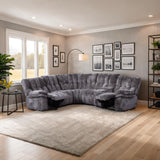 Hieronymus Dark Gray Power Sectional, curved tufted motion seating, wide track arms, front view